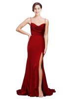 Cowl Front Neck Sweep Train Stretch Satin Prom Dresses UK with High Side Split