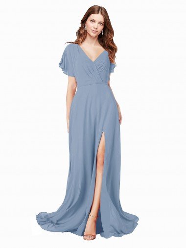 Chiffon Prom Dress with Flutter Sleeves and Front Slit UK