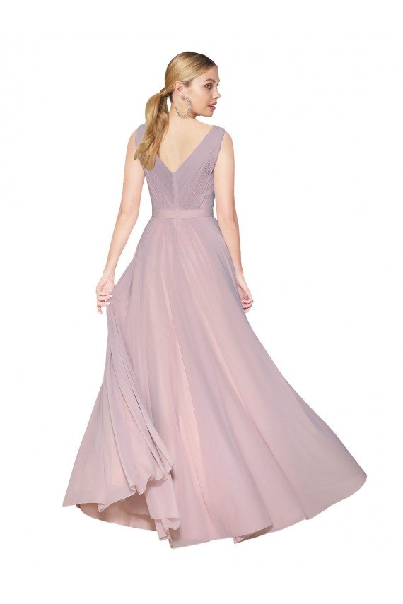 Draped V-Neck Long Chiffon Prom Dress with Shirred Bodice UK