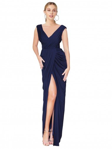 Draped V-Neck Long Chiffon Prom Dress with Front Slit UK