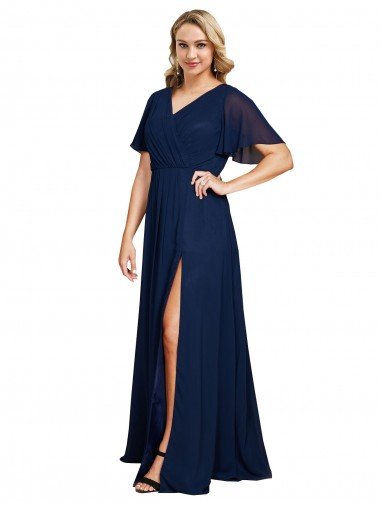 Chiffon V-Neck Short Sleeves Long Prom Dress with High Slit UK