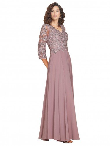 Hand-Beaded Bodice V-Neckline Long Sleeves Chiffon Prom Dress UK