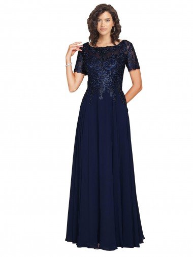 Short Sleeves A-Line Long Chiffon Prom Dress with Beaded Bodice UK