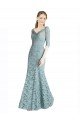 Half Sleeves Pleated Lace Prom Dress with Wrap-Around Portrait Neckline UK