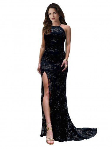 High Neckline Lace Open Back Prom Dress with High Slit UK