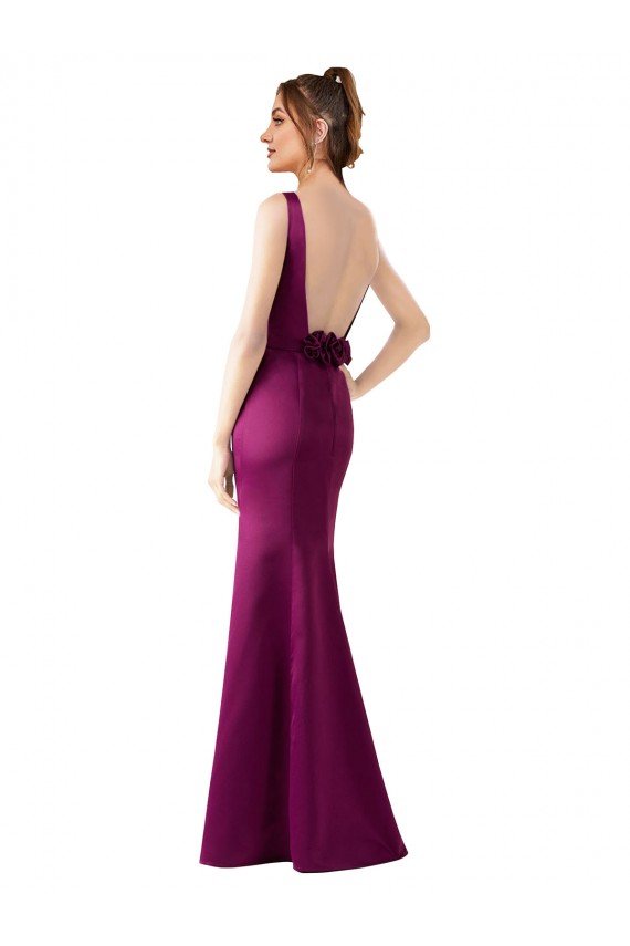 Fitted Sexy Open Back Satin Prom Dress with Floral Details UK