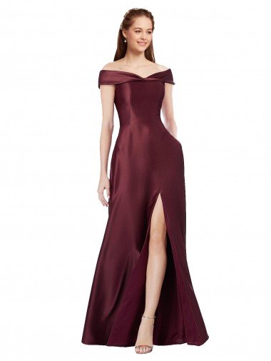 Long Off the Shoulder Satin Prom Dress with Thigh-high Slit UK