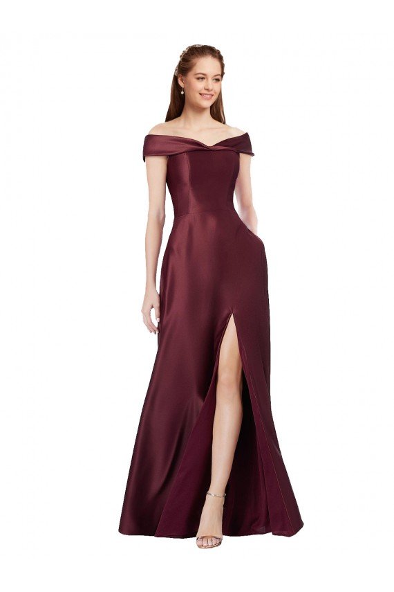 Long Off the Shoulder Satin Prom Dress with Thigh-high Slit UK