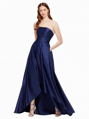 High Low Strapless Satin Prom Dress with Pockets UK