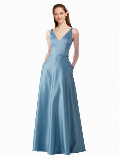 Classic Satin V-Neck A-Line Prom Dress with Pockets UK