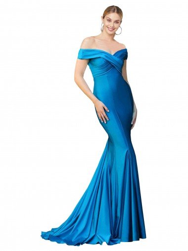 Off the Shoulder Long Chapel Train Satin Prom Dress UK