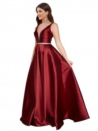 Sleeveless Deep V-Neck A-Line Satin Prom Dress with Pockets UK