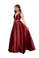 Sleeveless Deep V-Neck A-Line Satin Prom Dress with Pockets UK