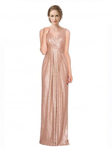 Draped V-Neck Striking Sheath Floor Length Sequin Prom Dress UK