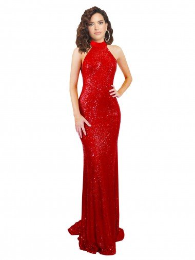 Halter High Neck Mermaid Open Back Sequin Prom Dress UK