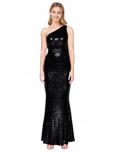 Draped One Shoulder Long Full Length Sequin Prom Dress UK