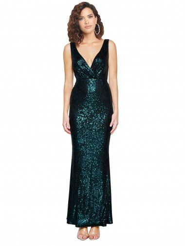 V-Neck Full Length Sequin Prom Dress with Draped Back UK