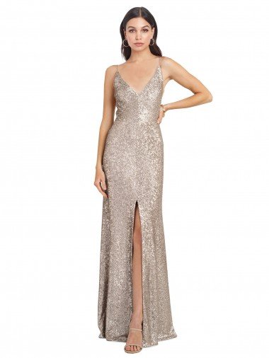 V-Neck Fully Sequin Prom Dress with V-Back and Front Slit UK