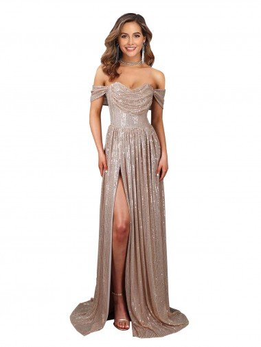 Strapless Scoop Neck Off the Shoulder Long Sequin Prom Dress with High Slit UK