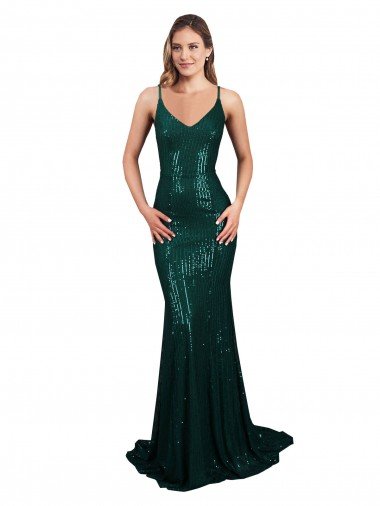 Fishtail Shaped V-Neck Open Back Long Sequin Prom Dress UK