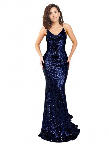 Mermaid V-Neck Low Back Long Sequin Prom Dress UK