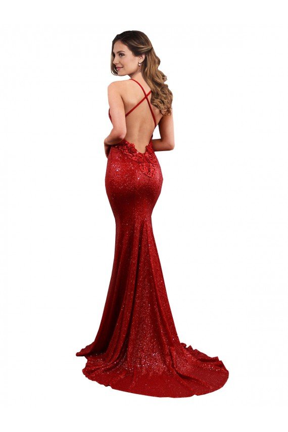 Low Back Mermaid V-Neck Long Sequin Prom Dress UK