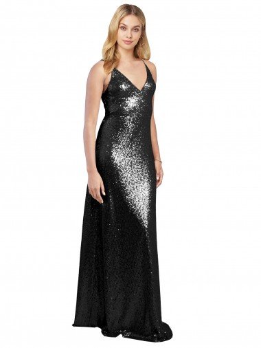 Full Length A-Line Sequin Prom Dress with Spaghetti Straps V-Neckline UK