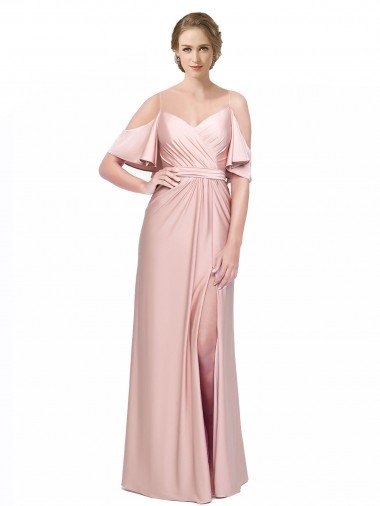 Draped Cold Shoulder Sleeves Long Silky Satin Prom Dress with Slit and Tie Back UK