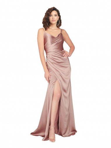 Floor Length Silky Satin Prom Dress with Front Skirt Slit UK