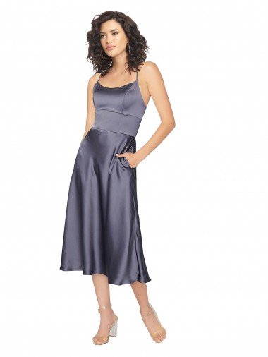 Midi Length Silky Satin Cocktail Prom Dress / Homecoming Dress with Open Tied Back UK