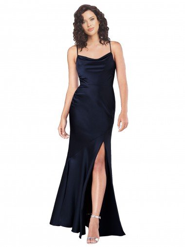 Draped Cowl Neck Silky Satin Prom Dress with Skirt Slit UK