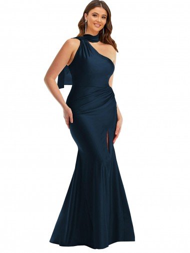 Scarf Neck One Shoulder Silky Satin Mermaid Prom Dress with Front Slit UK