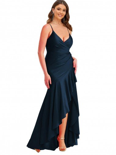 Pleated Wrap Ruffled High Low Silky Satin Prom Dress UK