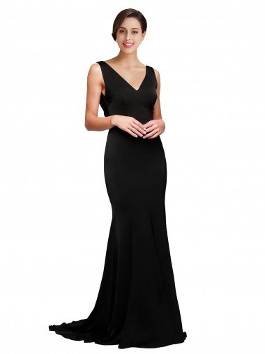 V-Neck Full Length Silky Satin Prom Dress with Soft Cowl Neck and Sweep Train UK