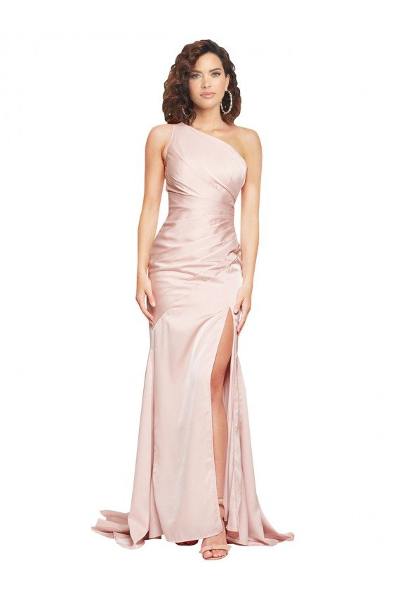 Full Length One Shoulder Long Silky Satin Prom Dress with High Split UK