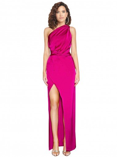 One Shoulder Long Full Length Silky Satin Prom Dress with Front Side Split UK