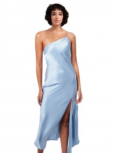 Midi Length Short Silky Satin Cocktail Prom Dress / Homecoming Dress with Asymmetric Neckline and High Side Split UK