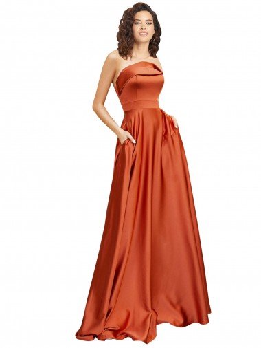 Strapless Sweep Train Silky Satin Prom Dress with Pleats UK