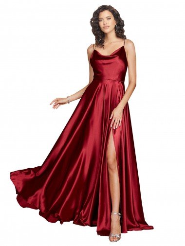 Cowl Neckline Long Silky Satin Prom Dress with Spaghetti Straps UK