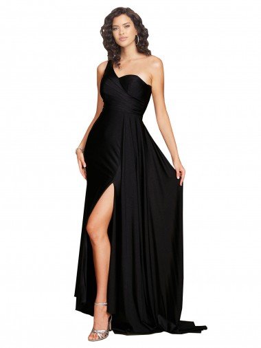 Floor Length One Shoulder Silky Satin Prom Dress with Side Slit UK