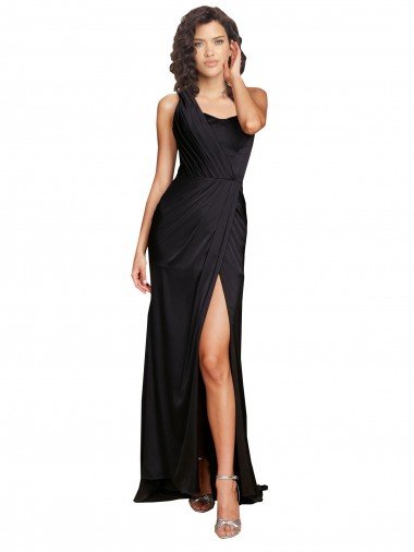 Full Length One Shoulder Ruffled Long Silky Satin Prom Dress with High Slit UK