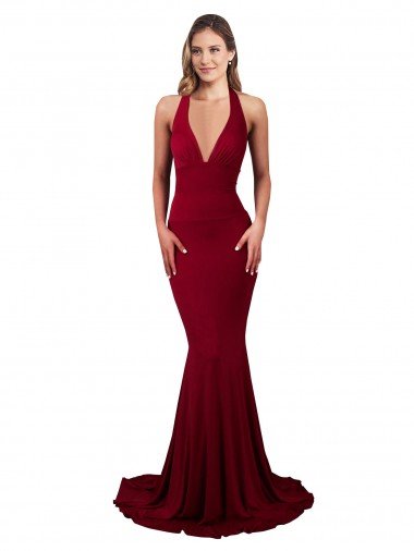 Halter Mermaid Plunge V-Neckline Open Back Bow Tie Spandex Prom Dress UK