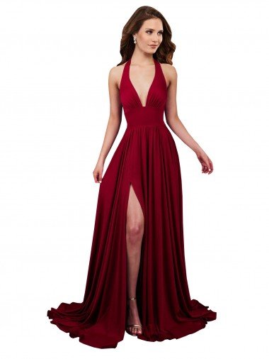 A-Line Halter Plunge V-Neckline Open Back Spandex Prom Dress with Slit UK