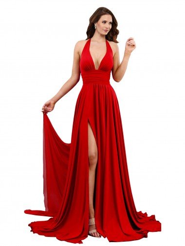 High Slit A-Line Halter Long Spandex Prom Dress Open Back UK