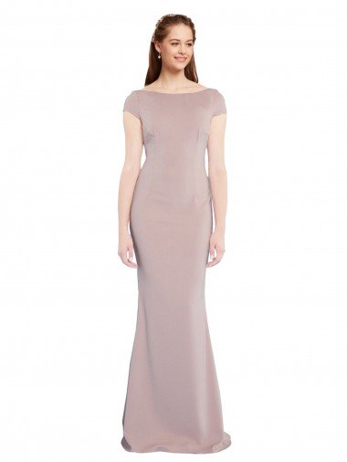 Boat Neck Cap Sleeve Crepe Prom Dress with Plunging Tie Back UK