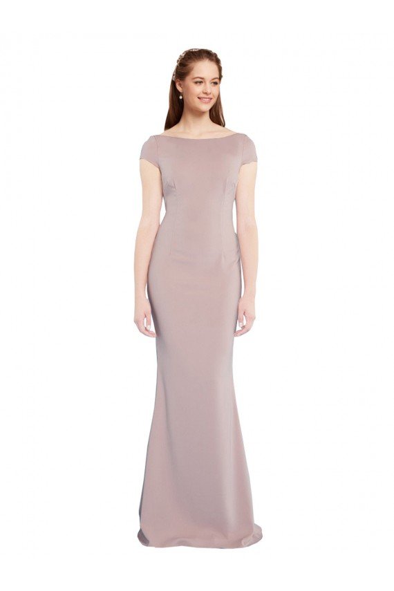 Boat Neck Cap Sleeve Crepe Prom Dress with Plunging Tie Back UK