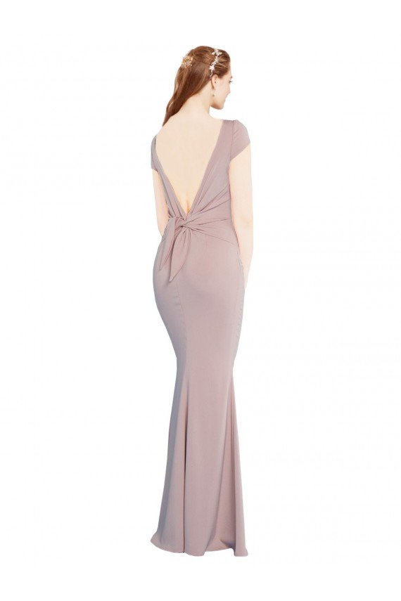 Boat Neck Cap Sleeve Crepe Prom Dress with Plunging Tie Back UK