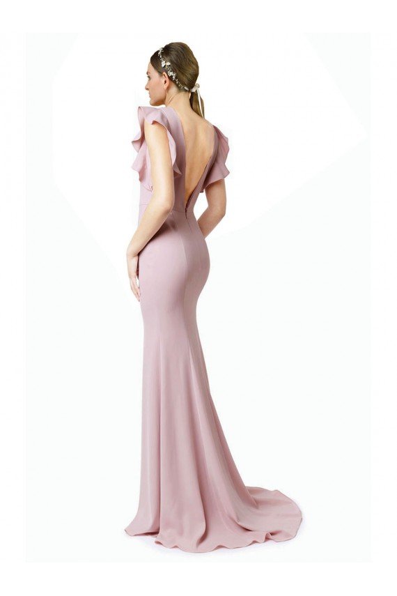 Low V-Back Long Mermaid Crepe Prom Dress with Ruffled Sleeves UK