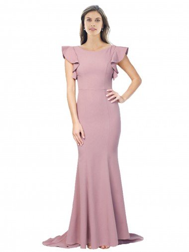 Flutter Sleeves Low V-Back High Round Neck Crepe Prom Dress UK