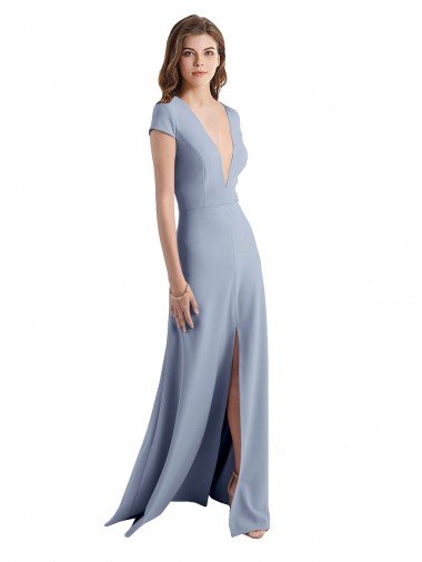 Plunging V-Neck Cap Sleeves Stretch Crepe Prom Dress with Front Slit UK